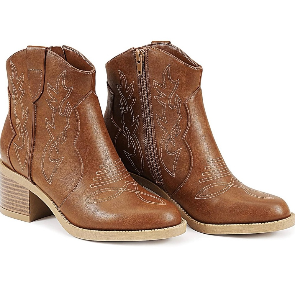 PIZZ ANNU Women's Brown Embroidered Western Cowgirl Ankle Boots Round Toe